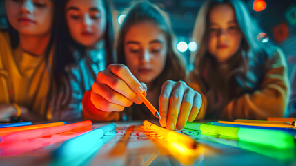 Children Playing with Glow Sticks at Night