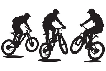 Naklejka premium Black silhouettes of bicyclist rider jumping on a white background