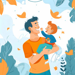 Obraz premium colorful dad and son flat design art illustration,happy father's Day greeting card.happy father's Day, logo design,t-shirt design.generative ai 