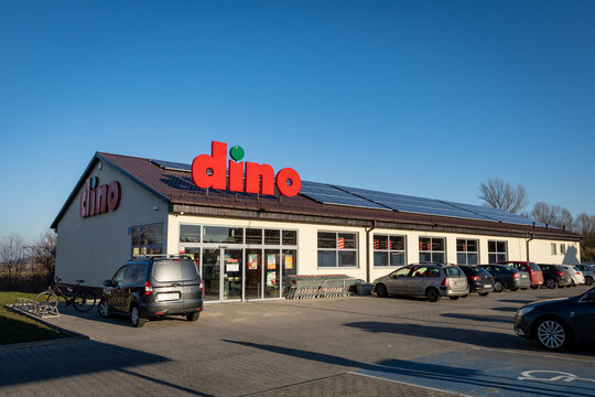 Tyniec Maly, Poland - February 9, 2023:&nbsp; Dino food store entrance with a red company logotype.