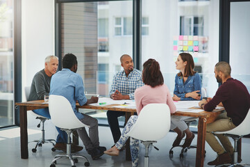 Business people, meeting and discussion with creative team for collaboration, planning or...