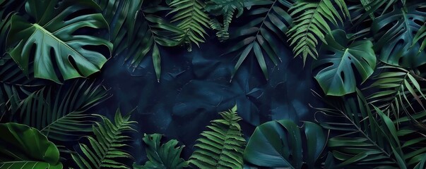 Tropical Verdure: Flat Lay Composition of Fresh Green Leaves, Ideal for Wallpaper Banner