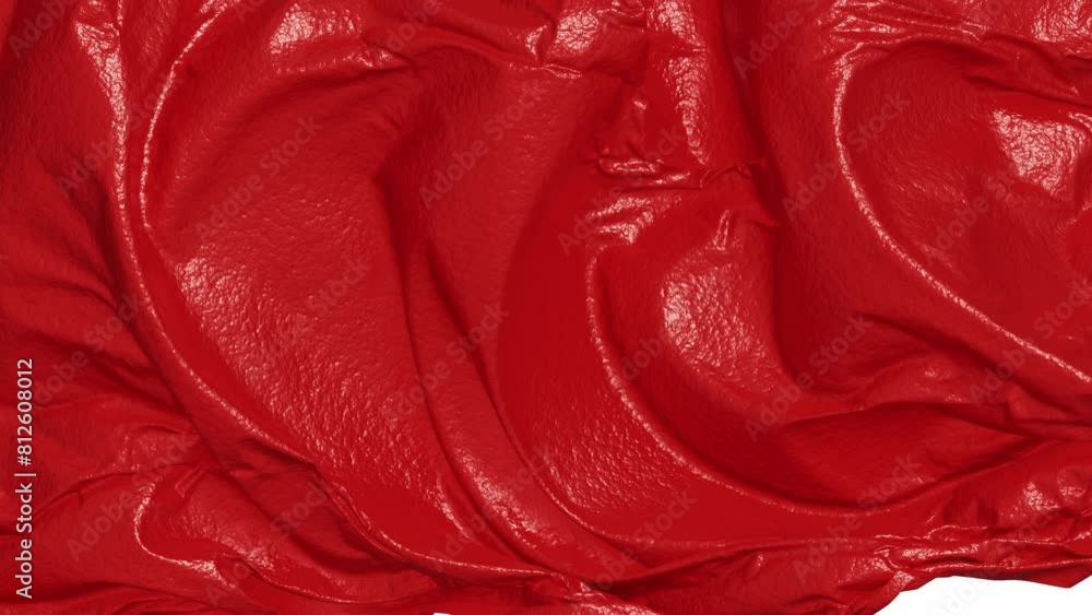 Poster realistic 3d animation of the red leather fabric as fly away opener rendered in uhd with alpha matte