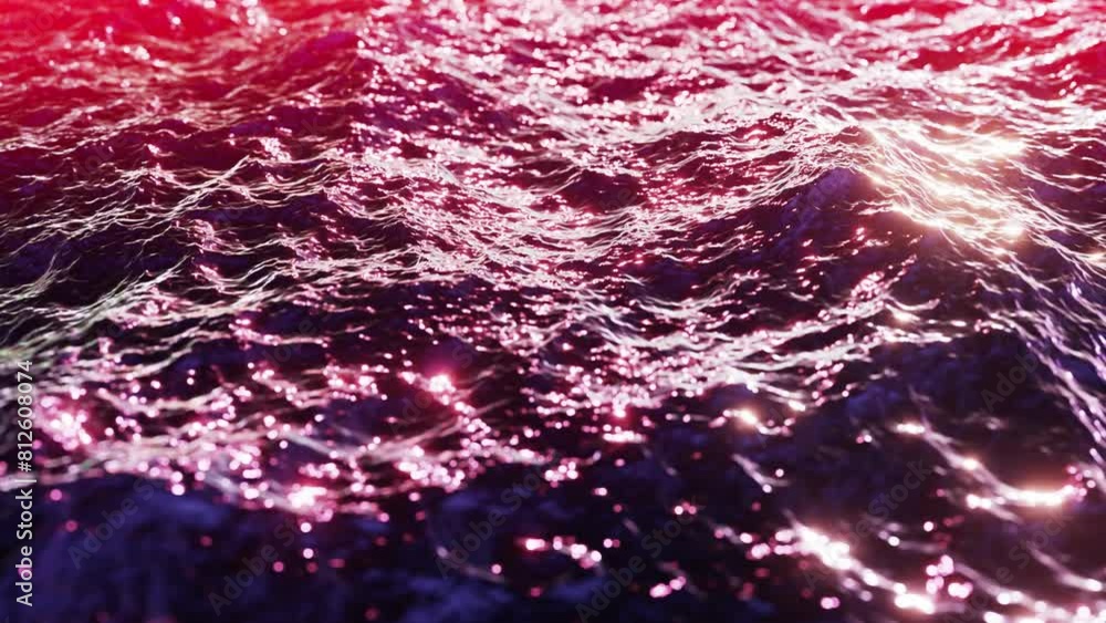 Poster realistic looping 3d animation of the slow waving ocean waters at sunset with a crimson and violet e