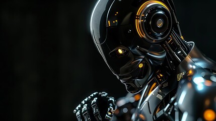 Fototapeta premium Visualize a cyborg with a sleek metallic arm and glowing eyes, posed against a black background with ample copy space for text