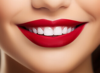 Fototapeta premium perfect smile with healthy white teeth. Woman's mouth close-up, red lipstick on lips. veneers. result of teeth whitening procedure. image symbolizes oral care dentistry, Closeup on white background
