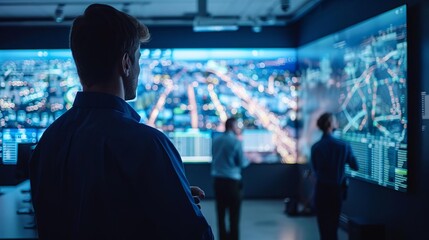 Fototapeta premium Visualize a digital twin of a smart city, showing realtime traffic, energy, and public safety simulations on a large screen