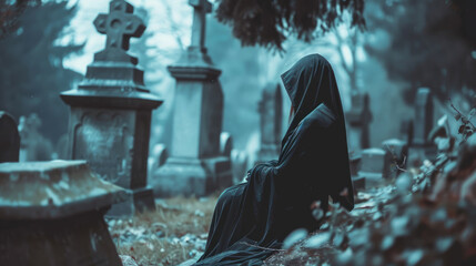 Single Mourner. Mourning woman in a cemetery