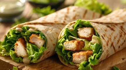 Delicious Caesar Salad Wraps with Chicken, Crouton, Lettuce, and Dressing Wrapped in Tortilla 