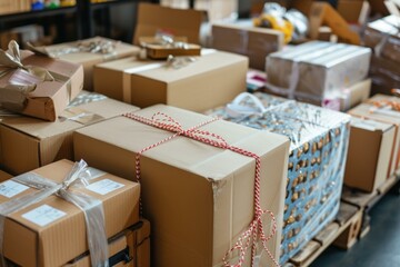 Close-up of packed boxes with labels on a cart, signifying a bustling shipping operation