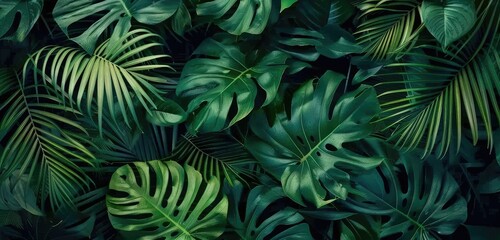 Emerald Canopy: Flat Lay Composition of Vibrant Green Tropical Leaves Against a Dark Background