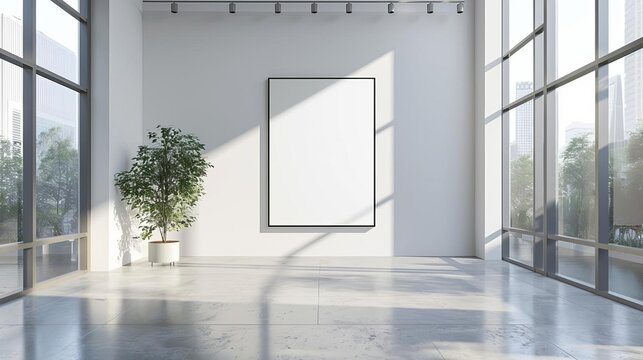Visualize a modern art museum gallery with a blank frame on a white wall, ready for an artists mockup presentation