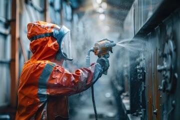 A man in an orange jacket spraying water on a wall. Suitable for construction or cleaning concept