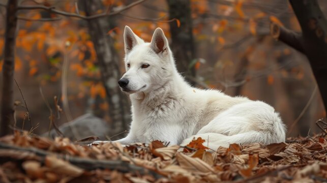 Portrait of Beautiful White Korean Jindo Dog Breed from Bukhansan National Park in Goyang, Korea -
