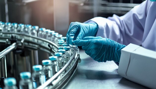 Pharmacist scientist with sanitary gloves examining medical vials on production line conveyor belt in pharmaceutical healthcare factory manufacturing prescription drugs medication mass production