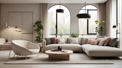 The mockup's visual appeal is enhanced by the modern living room environment, which shows how these gadgets can blend in with the general style and furnishings of a modern living area.
