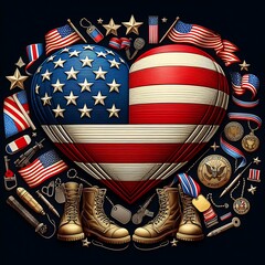 A heart shaped American flag with military boots and medals image realistic photo lively illustrator.
