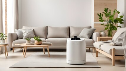 generic air purifier or split unit AC controller mockup against a contemporary, light-colored living room setting