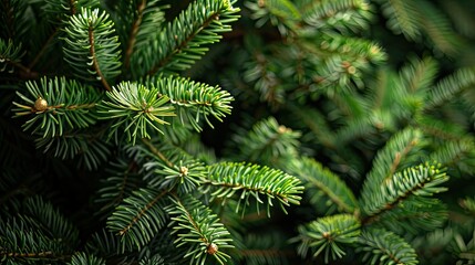 Beautiful Christmas Background with green fir tree brunch close up. Copy space