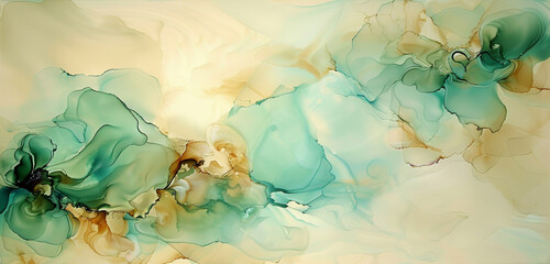 Warm beige and cool aqua abstract painting with alcohol ink and textured oil paint.