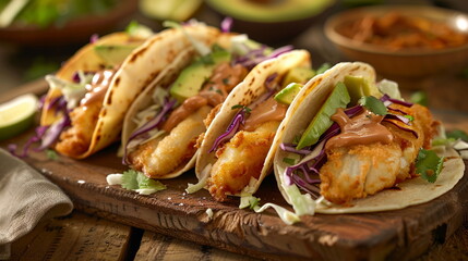 Fish tacos with battered and fried fish, slaw, avocado, and chipotle mayo in corn tortillas.