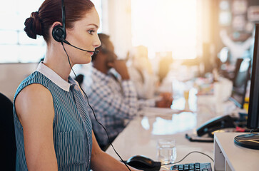 Business people, call center and woman with customer service, telemarketing and help desk for...