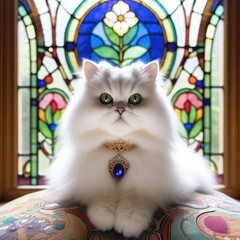 A white cat sitting on a chair image has illustrative meaning used for printing card design illustrator.