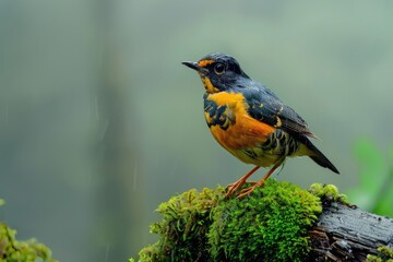 Fototapeta premium Majestic Male Varied Thrush Perched on Moss-Covered Log Amid Foggy Fauna - Closeup with Copy Space
