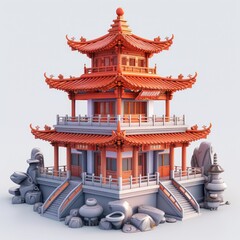 Intricate Traditional Chinese Pagoda with Surrounding Stone Sculptures and Stairs