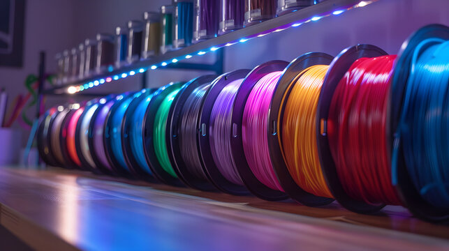 Multicolored filaments of plastic for printing on 3D printer close-up. Spools of 3D printing motley different colors thermoplastic filament. Motley ABS wire plastic for 3d printer. Additive technology