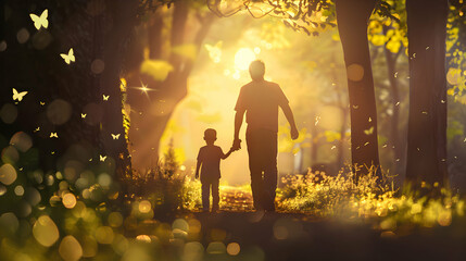 fathers day silhouette with dad and son on background.father and child in the sunset card design.generative ai