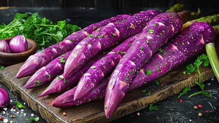   A stack of purple sweet potatoes sits atop a wooden cutting board alongside a green vegetable bowl