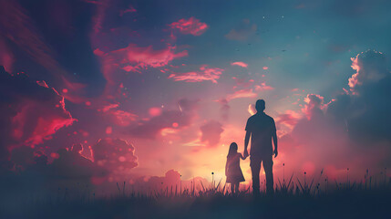 Fototapeta premium fathers day silhouette with dad and daughter on sunset background.father and child in the sunset card design.generative ai
