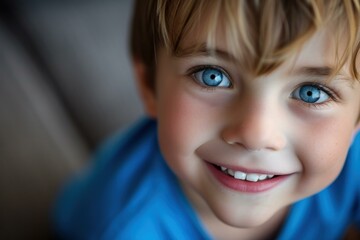 Close-up portrait of a happy child with bright blue eyes and a captivating smile