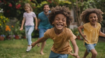 Fototapeta premium Kids are having fun playing together in the backyard.