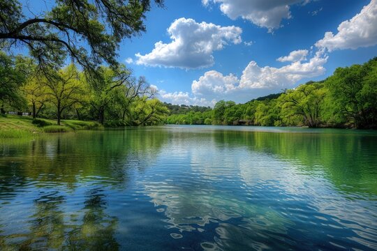 Barton Springs, Austin Texas: Serene Landscape of Refreshing River & Lush Forests Amidst Majestic
