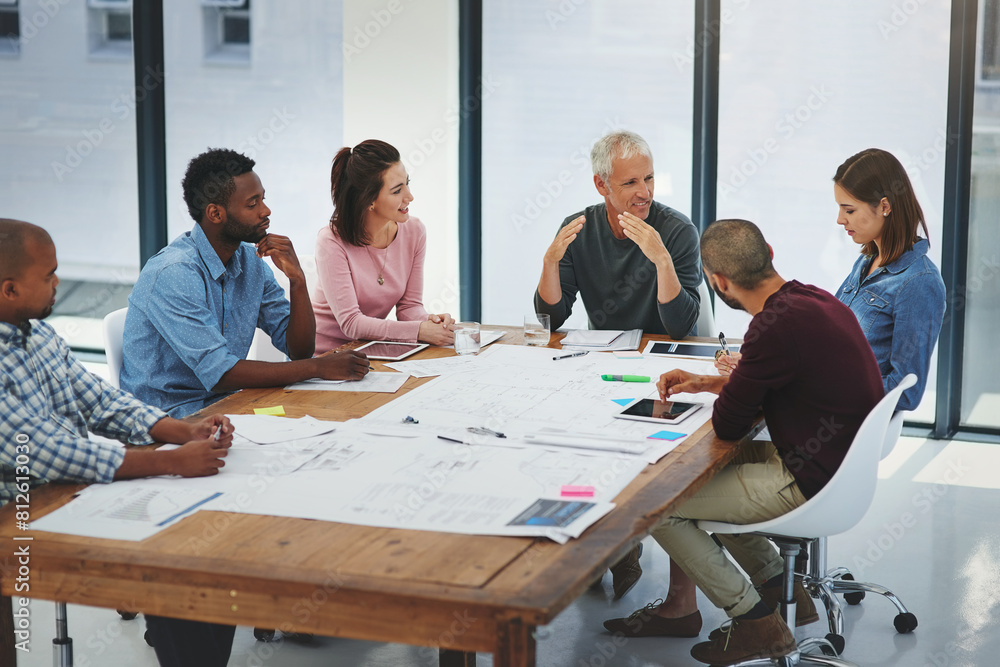 Wall mural business people, architecture and discussion in meeting with blueprint for building design, brainsto