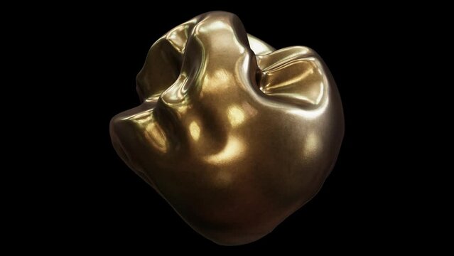 Realistic DOF abstract looping 3D animation of the morphing liquid textured brass form rendered in UHD with alpha matte