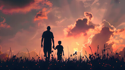 Fototapeta premium fathers day silhouette with dad and son on background.father and child in the sunset card design.generative ai