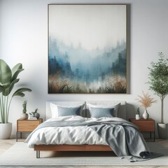 Bedroom sets have template mockup poster empty white with a large painting on the wall art photo harmony lively.