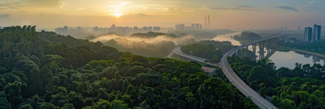 Henderson Waves Bridge Overlooking Singapore's Landscape at Sunrise. Aerial View of Suspension