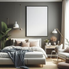 Bedroom sets have template mockup poster empty white with Bedroom interior and a chair image harmony has illustrative meaning used for printing card design.