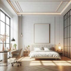Bedroom sets have template mockup poster empty white with Bedroom interior and a desk image art realistic used for printing card design.