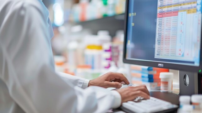 Pharmacist wearing white coat using computer to check  medicines validity in the pharmacy