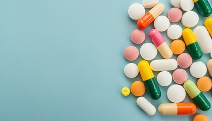 Top down view of pharmaceutical pills. Colourful prescription tablets on a plain background. Copy space for text. Marketing healthcare banner with empty space on righ side