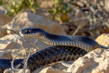Obraz premium Iconic Wildlife: Moroccan Black Cobra (Naja Haje) in its Rocky Scrub Habitat