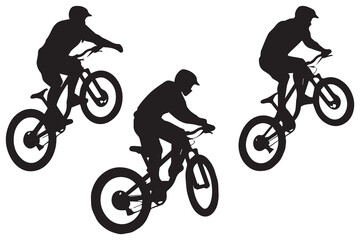 Black silhouettes of bicyclist rider jumping on a white background