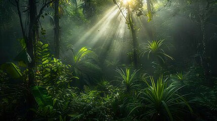 Dark rainforest, sun rays through the trees, rich jungle greenery