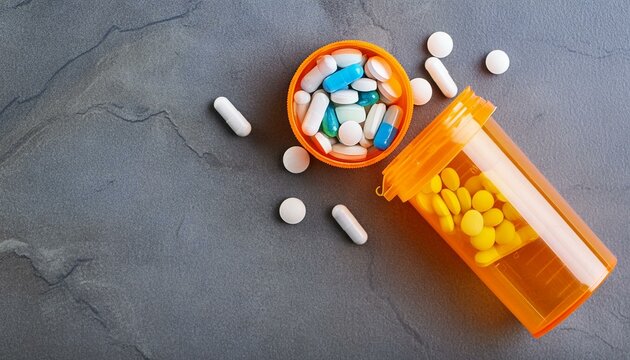 healthcare top down image of an opened orange pill bottle with colourful medicine prescription pills on a table. Prescription tablets and heath supplements for mental and physical wellness with copysp