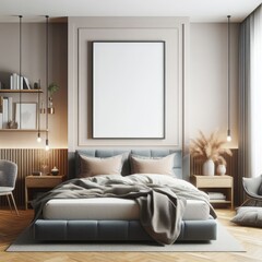 Bedroom sets have template mockup poster empty white with Bedroom interior and chair art photo used for printing.